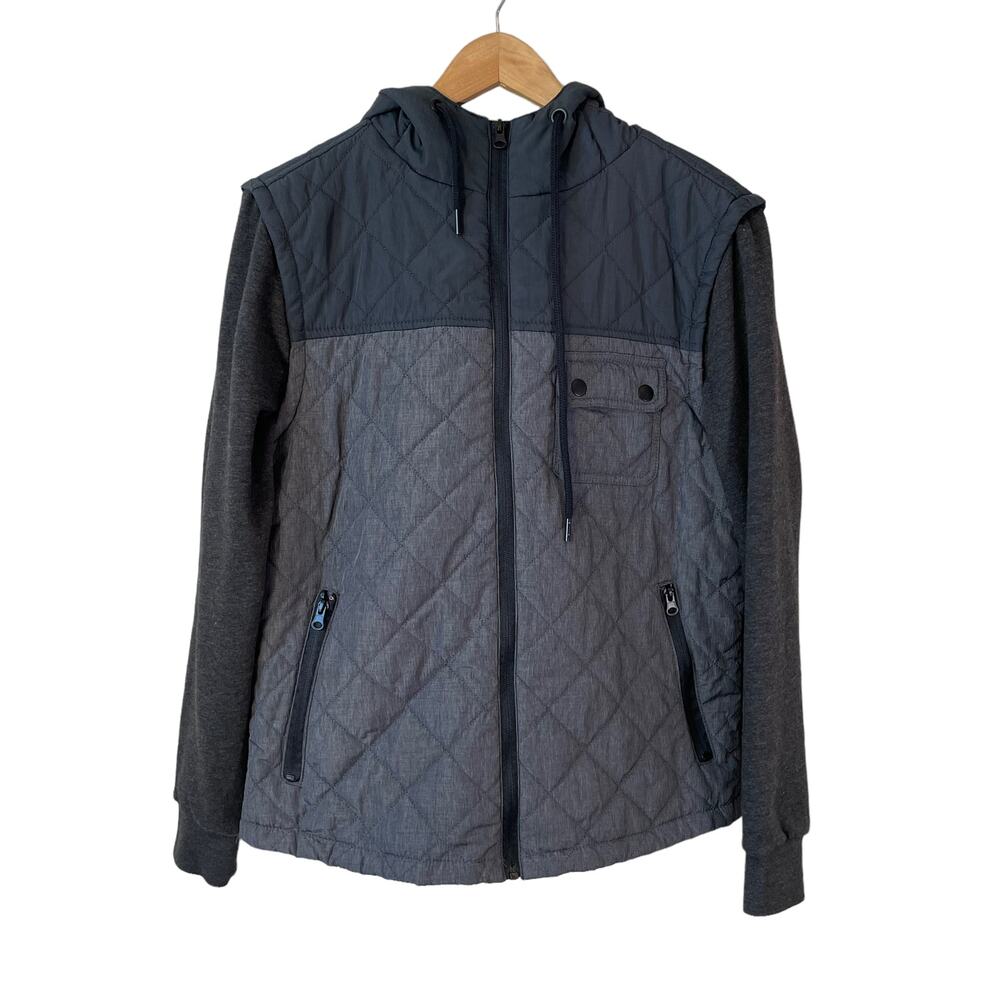 American Rag Men's Hooded Quilted Full Zip Jacket Gray Black Size Medium Sporty